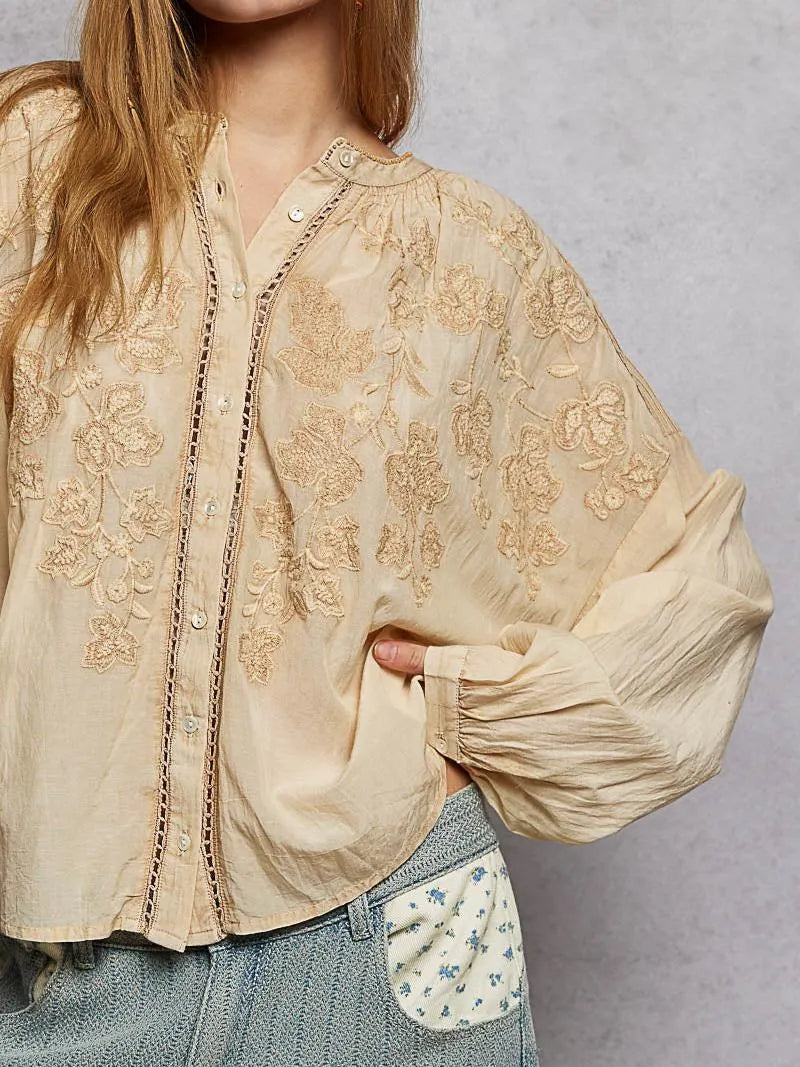 POL Embroidery Button Down Long Sleeve Washed Shirt in Almond-Women's Shirts & Tops-Shop Z & Joxa