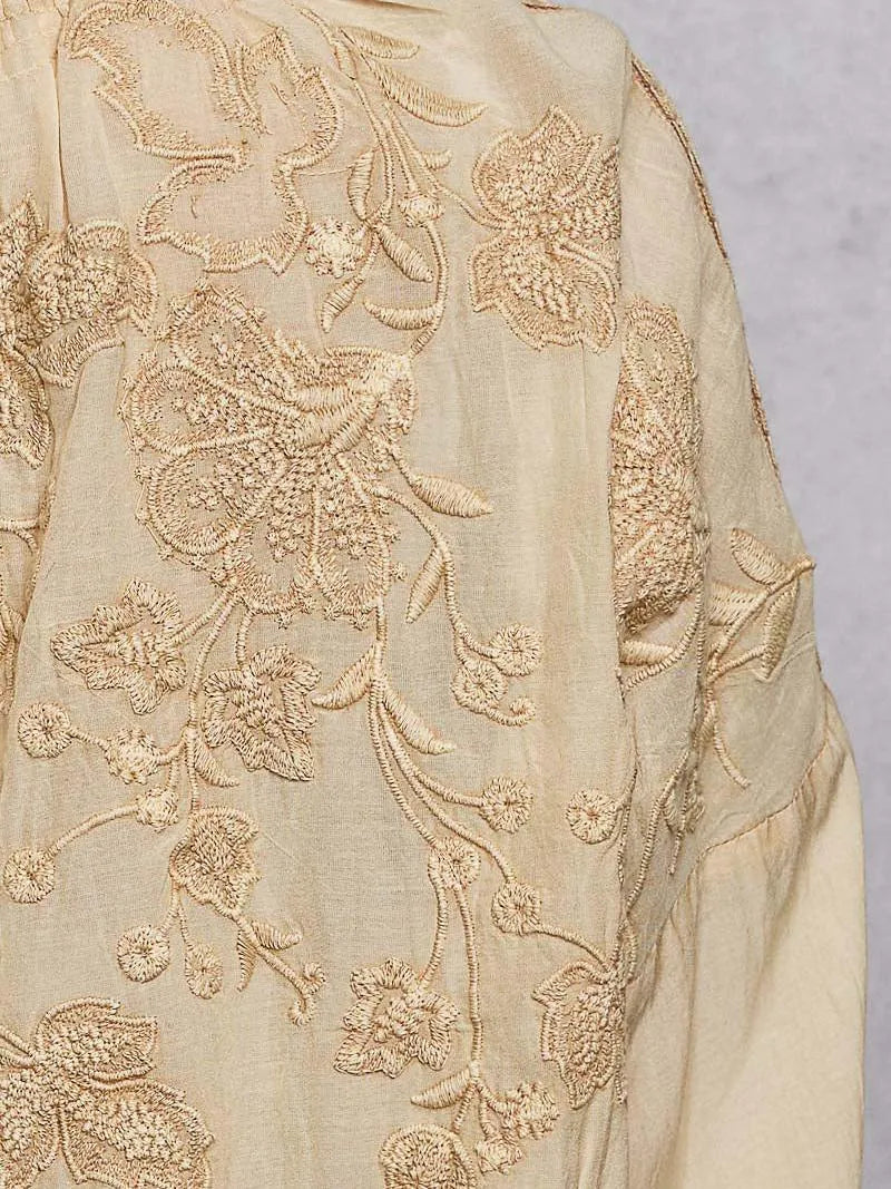 POL Embroidery Button Down Long Sleeve Washed Shirt in Almond-Women's Shirts & Tops-Shop Z & Joxa