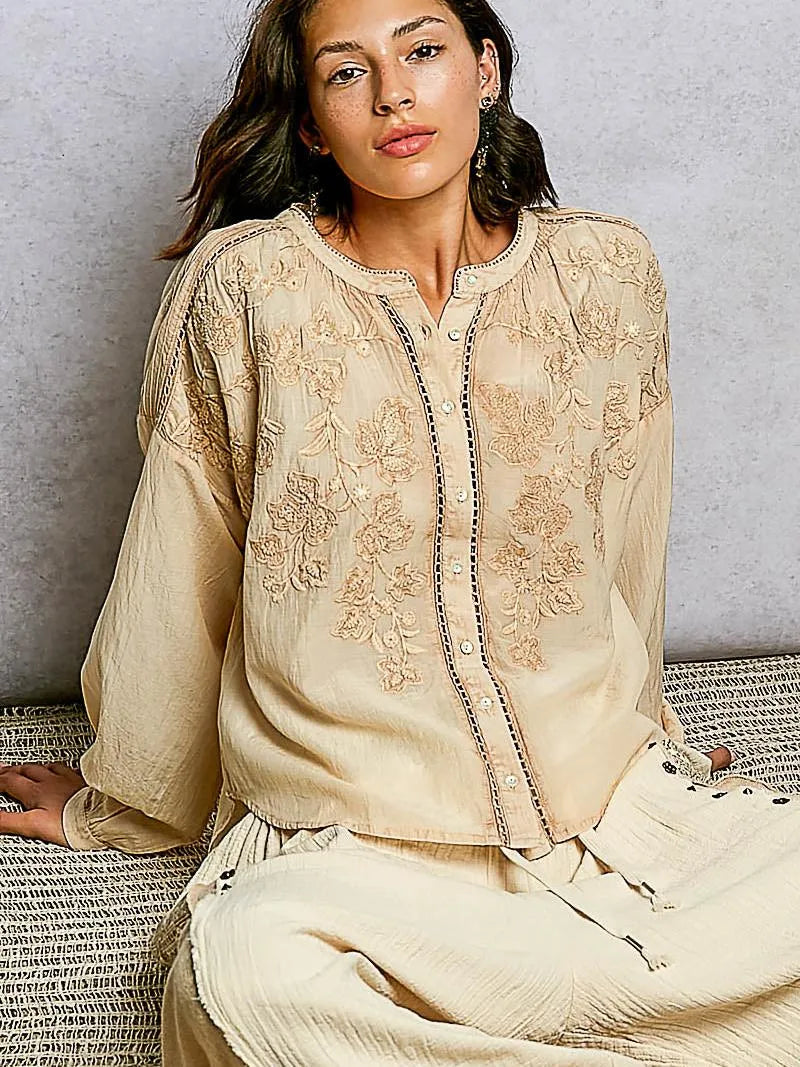POL Embroidery Button Down Long Sleeve Washed Shirt in Almond-Women's Shirts & Tops-Shop Z & Joxa