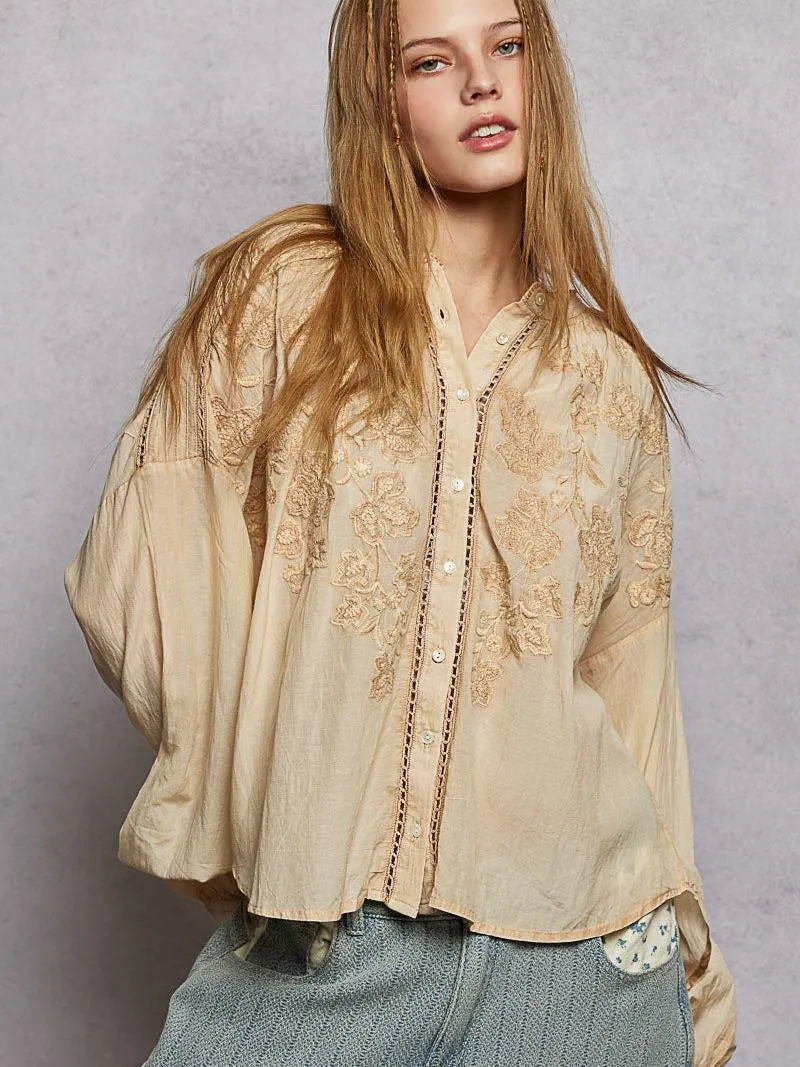 POL Embroidery Button Down Long Sleeve Washed Shirt in Almond-Women's Shirts & Tops-Shop Z & Joxa