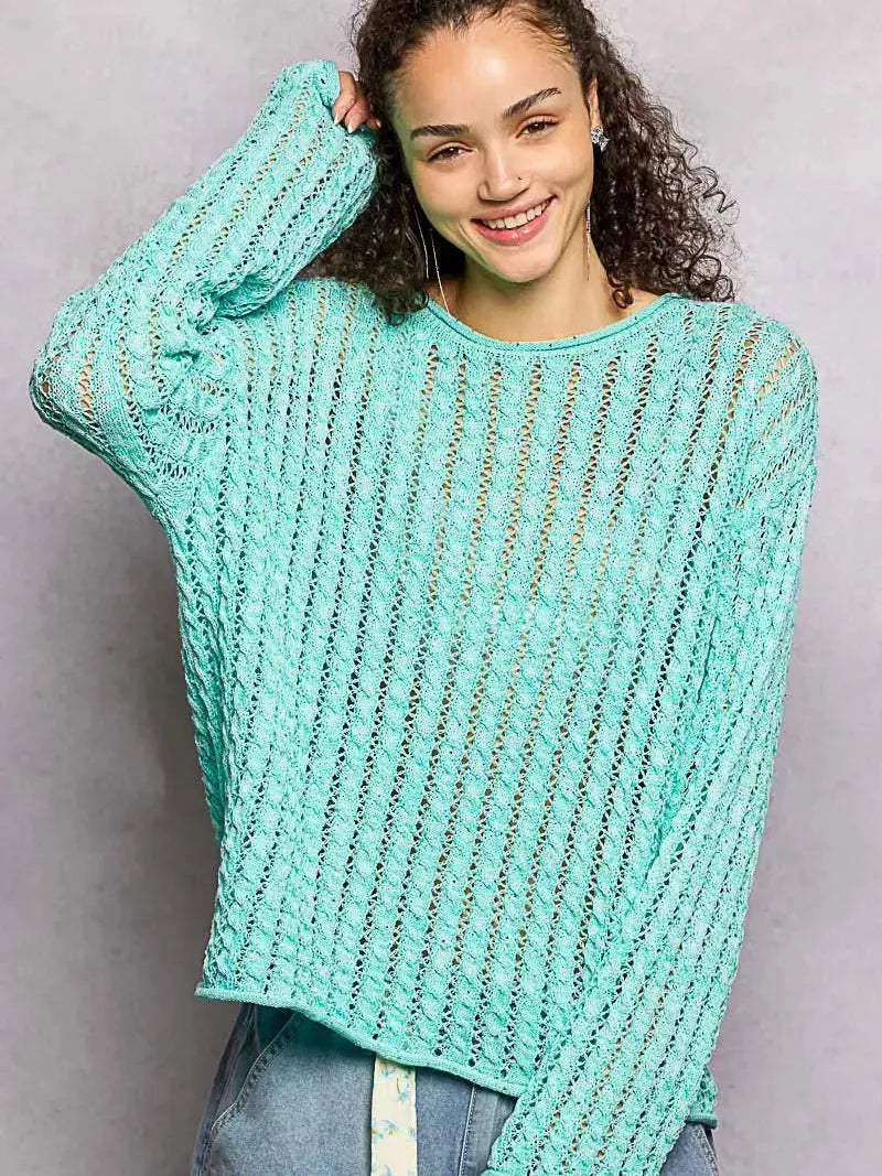 POL Evening Gleam Openwork Shiny Knit Long Sleeve Top in Aqua-Women's Shirts & Tops-Shop Z & Joxa