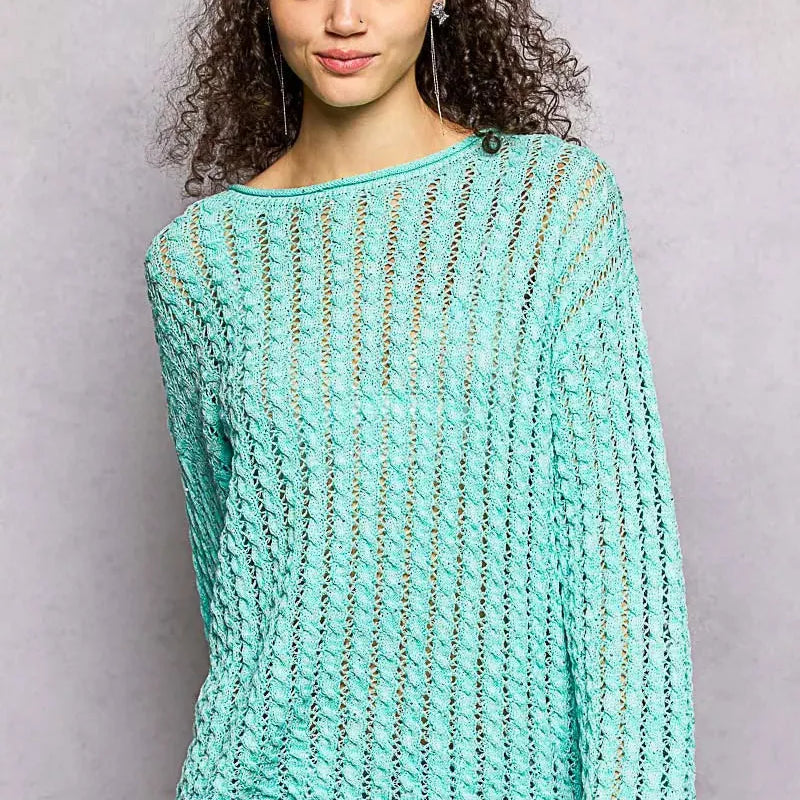 POL Evening Gleam Openwork Shiny Knit Long Sleeve Top in Aqua-Women's Shirts & Tops-Shop Z & Joxa