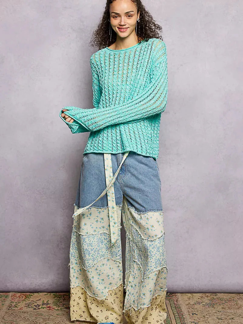 POL Evening Gleam Openwork Shiny Knit Long Sleeve Top in Aqua-Women's Shirts & Tops-Shop Z & Joxa