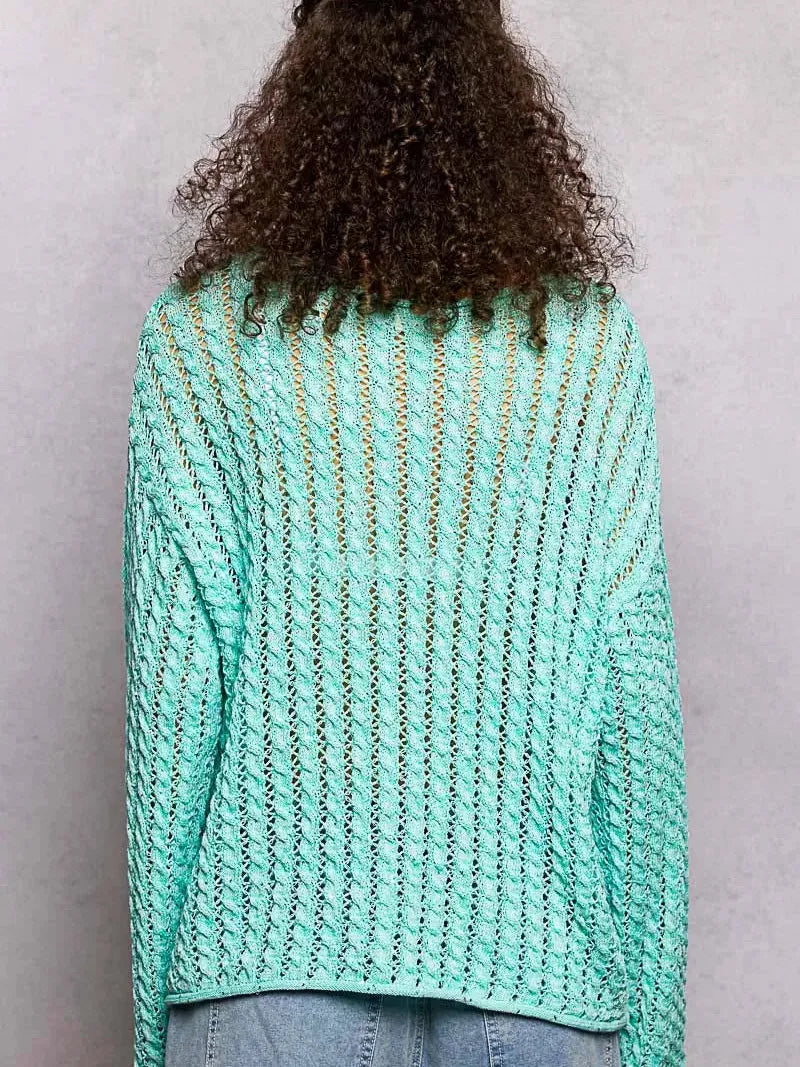 POL Evening Gleam Openwork Shiny Knit Long Sleeve Top in Aqua-Women's Shirts & Tops-Shop Z & Joxa