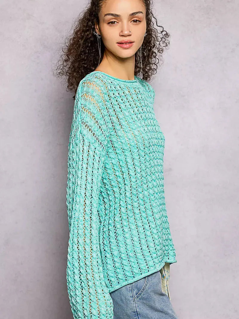 POL Evening Gleam Openwork Shiny Knit Long Sleeve Top in Aqua-Women's Shirts & Tops-Shop Z & Joxa