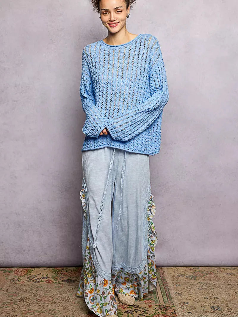 POL Evening Gleam Openwork Shiny Knit Long Sleeve Top in Blue-Shop Z & Joxa