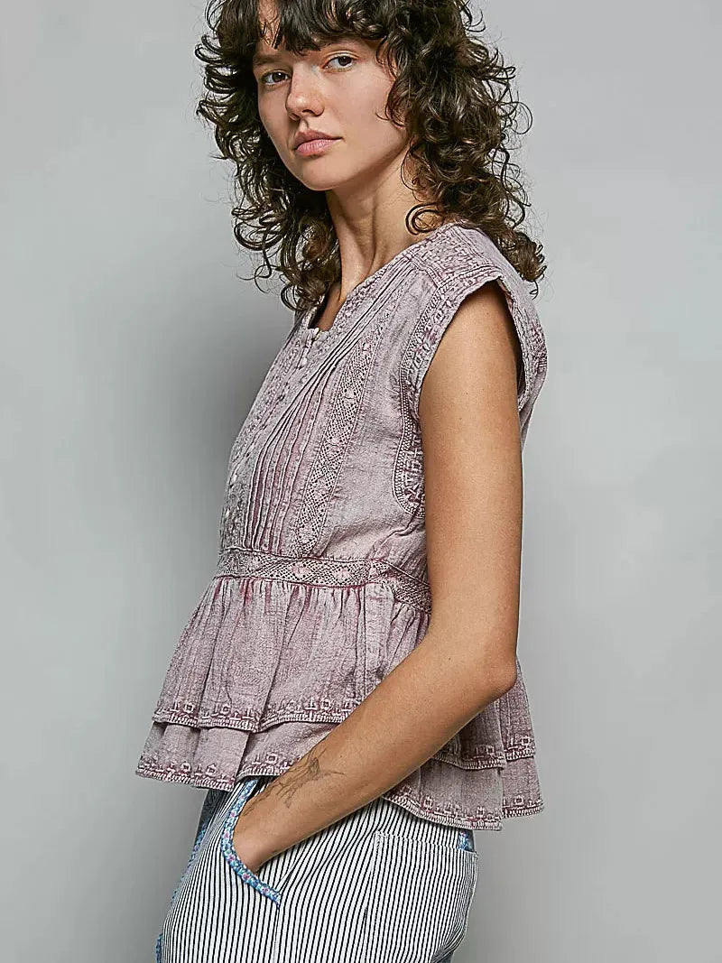 POL Eyelet Ever After Pintuck Sleeveless Cotton Blouse-Women's Shirts & Tops-Shop Z & Joxa