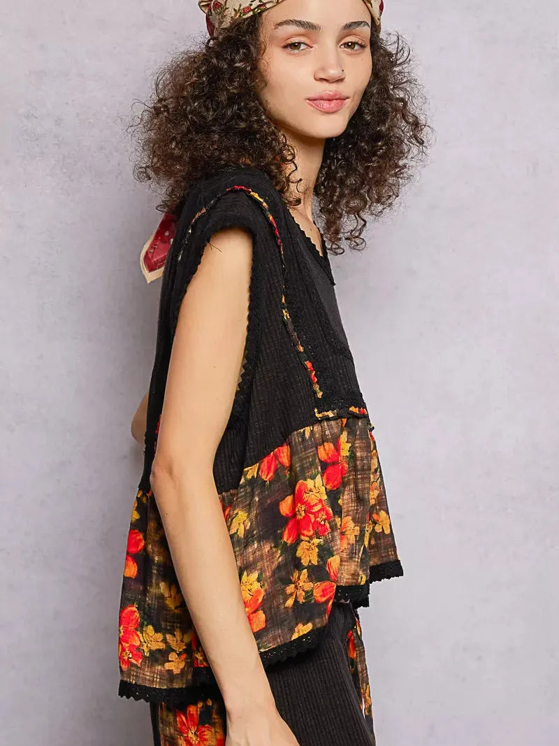 POL Floral Edge Cropped Ruffled Top with Lace Detail in Black-Women's Shirts & Tops-Shop Z & Joxa