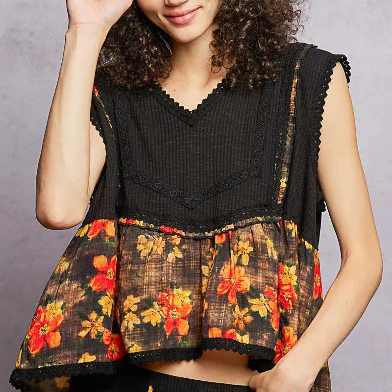 POL Floral Edge Cropped Ruffled Top with Lace Detail in Black-Women's Shirts & Tops-Shop Z & Joxa