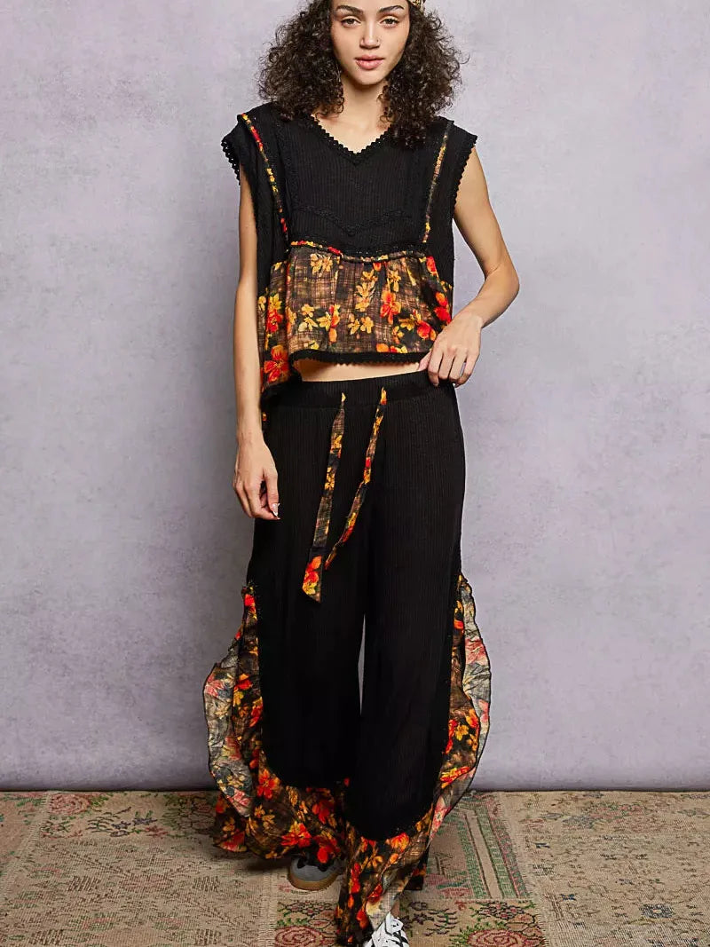 POL Floral Edge Cropped Ruffled Top with Lace Detail in Black-Women's Shirts & Tops-Shop Z & Joxa