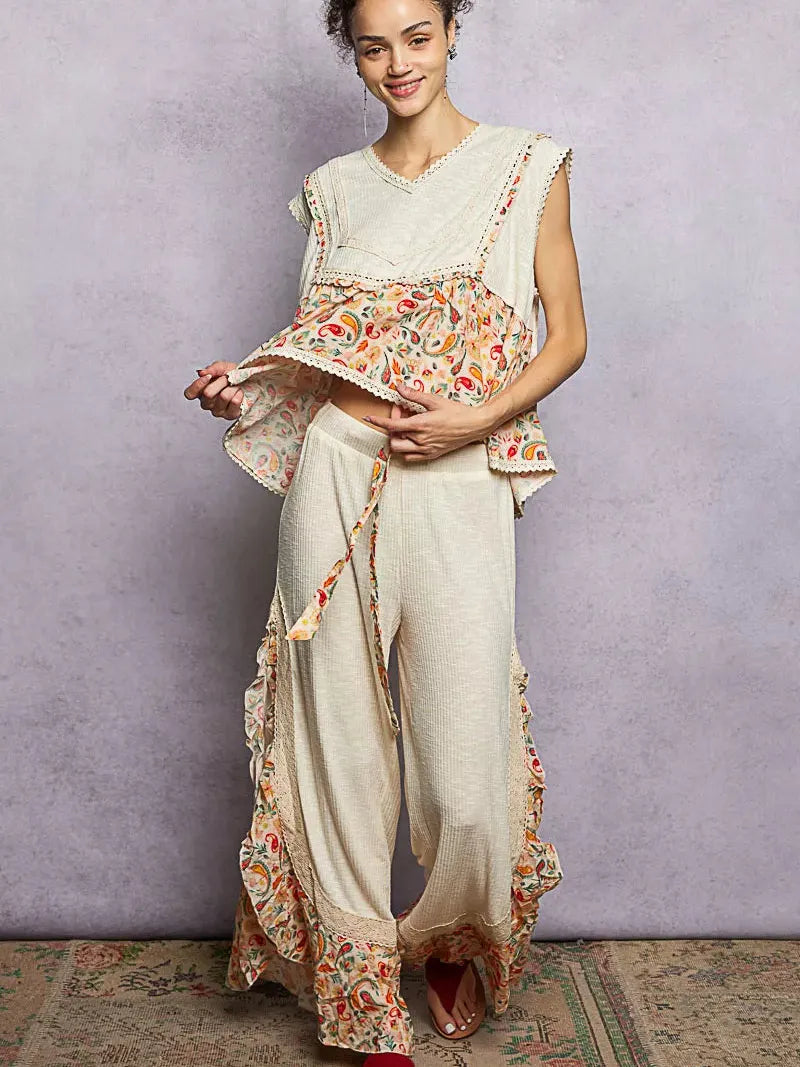 POL Floral Edge Cropped Ruffled Top with Lace Detail in Ivory-Women's Shirts & Tops-Shop Z & Joxa