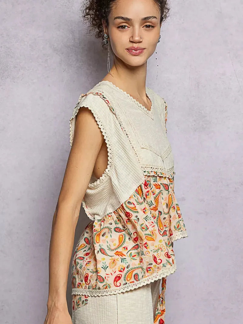 POL Floral Edge Cropped Ruffled Top with Lace Detail in Ivory-Women's Shirts & Tops-Shop Z & Joxa