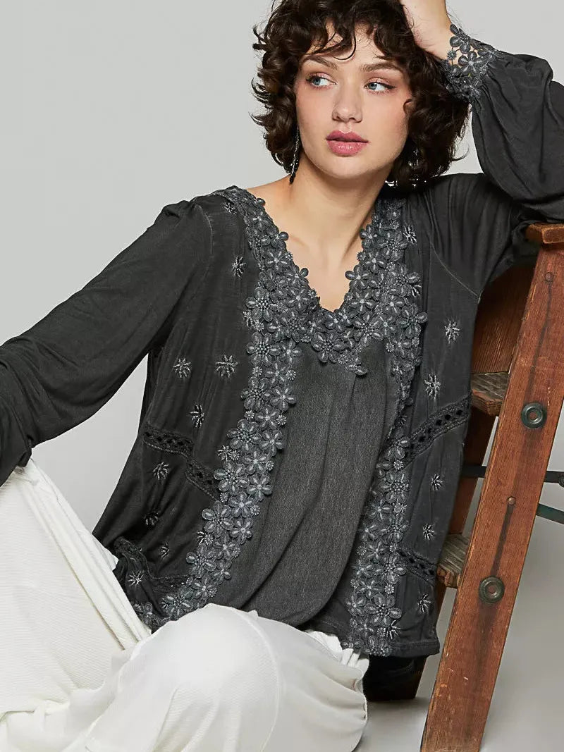 POL Floral Whisper Floral Embroidery Top with Lace in Black-Women's Shirts & Tops-Shop Z & Joxa