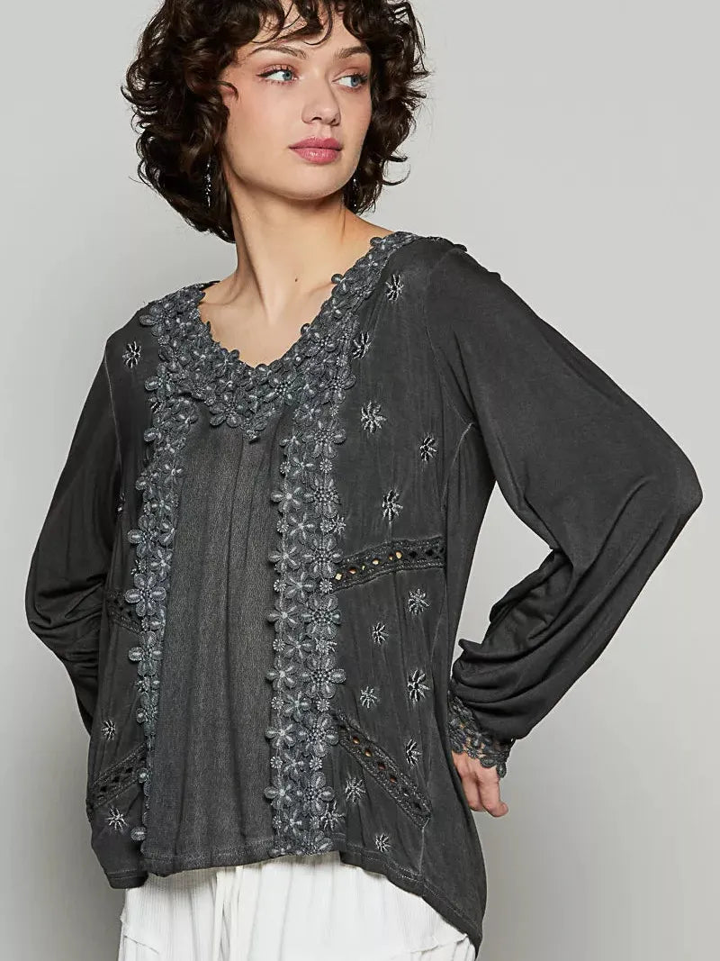 POL Floral Whisper Floral Embroidery Top with Lace in Black-Women's Shirts & Tops-Shop Z & Joxa