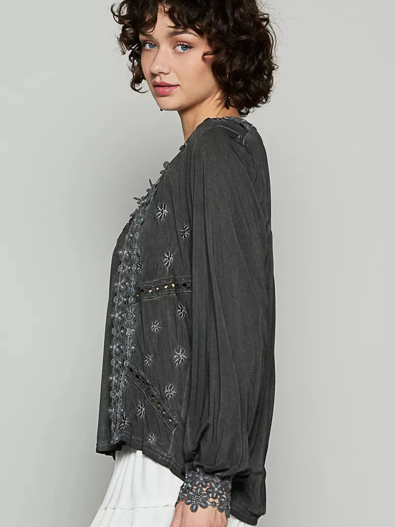 POL Floral Whisper Floral Embroidery Top with Lace in Black-Women's Shirts & Tops-Shop Z & Joxa