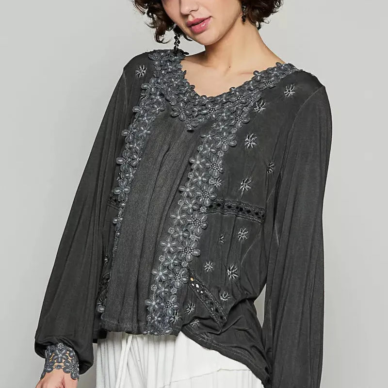 POL Floral Whisper Floral Embroidery Top with Lace in Black-Women's Shirts & Tops-Shop Z & Joxa