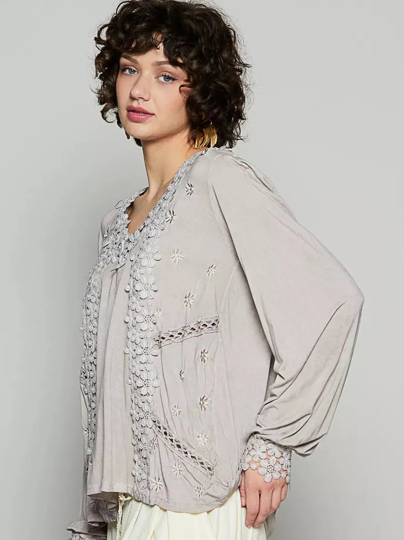 POL Floral Whisper Floral Embroidery Top with Lace in Taupe-Women's Shirts & Tops-Shop Z & Joxa