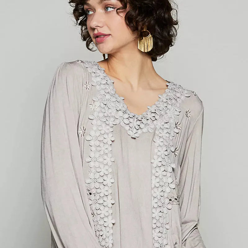 POL Floral Whisper Floral Embroidery Top with Lace in Taupe-Women's Shirts & Tops-Shop Z & Joxa