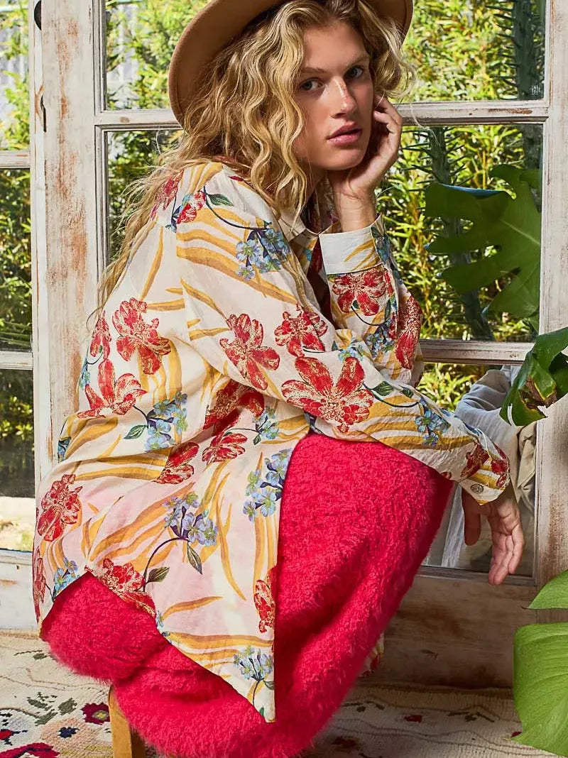 POL Flower Power Floral Print Button Down Long Sleeve Blouse-Women's Shirts & Tops-Shop Z & Joxa