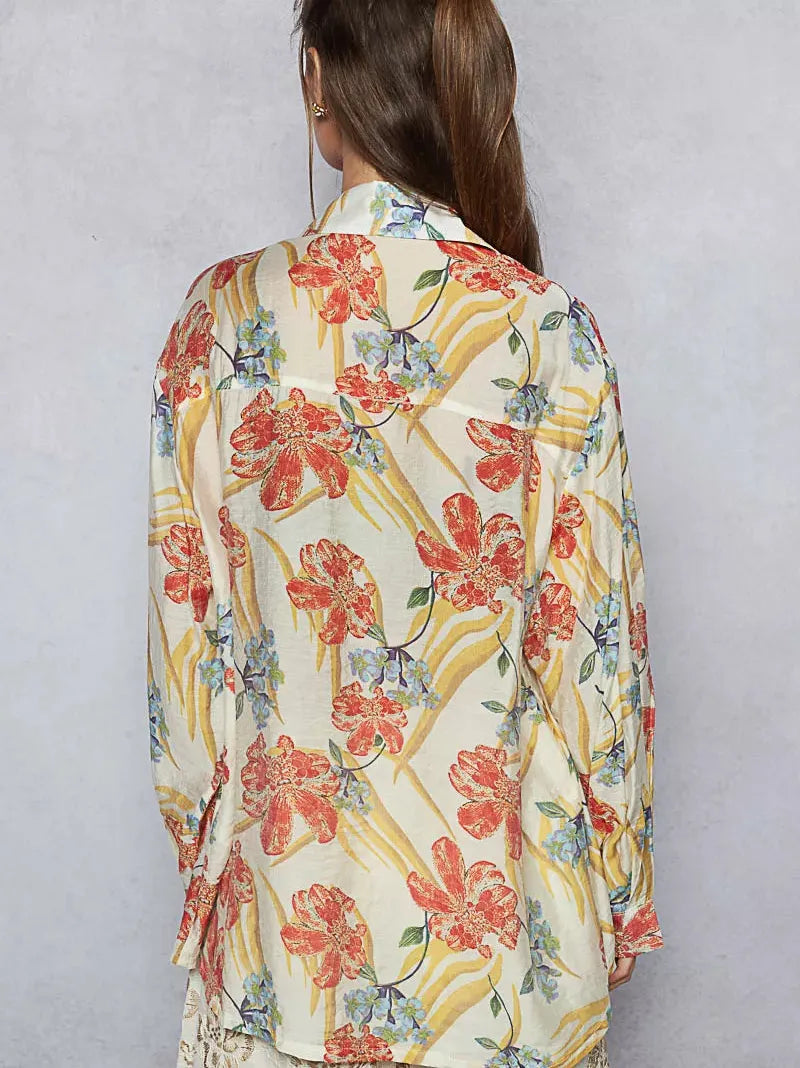POL Flower Power Floral Print Button Down Long Sleeve Blouse-Women's Shirts & Tops-Shop Z & Joxa