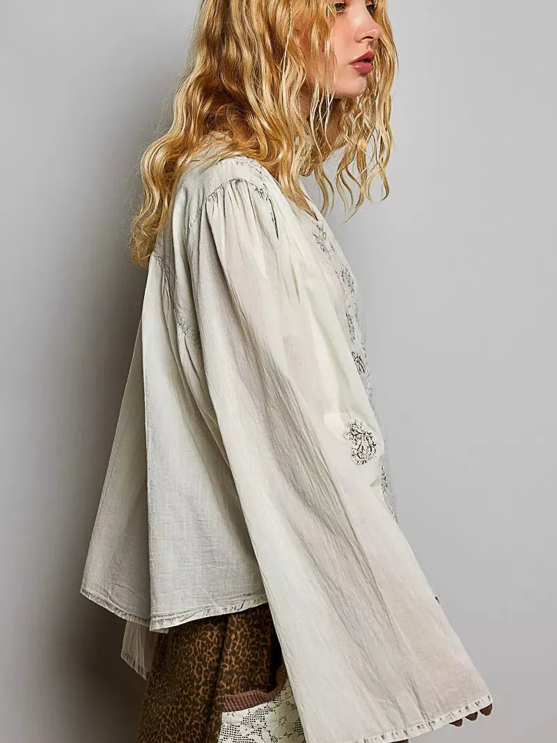 POL Heirloom Haze Embroidered Long Sleeve Shirt-Women's Shirts & Tops-Shop Z & Joxa