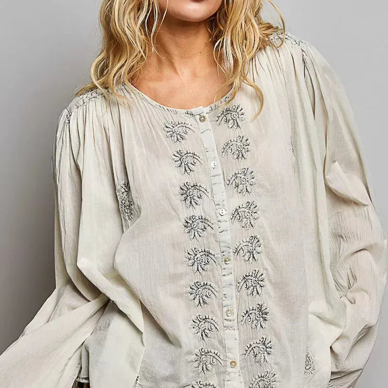 POL Heirloom Haze Embroidered Long Sleeve Shirt-Women's Shirts & Tops-Shop Z & Joxa
