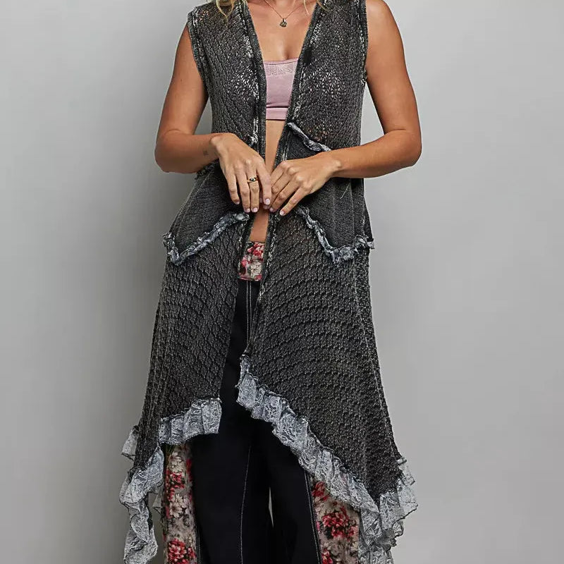 POL Heirloom Lace Vintage Ruffled Crochet Vest Cardigan in Black-Women's Shirts & Tops-Shop Z & Joxa