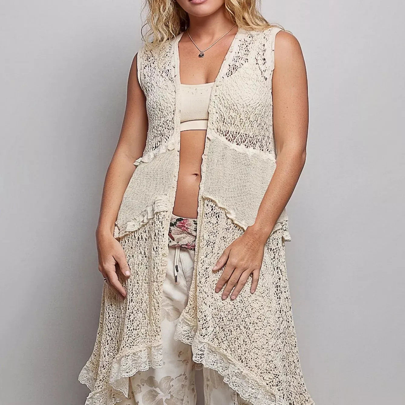 POL Heirloom Lace Vintage Ruffled Crochet Vest Cardigan in Cream-Women's Shirts & Tops-Shop Z & Joxa