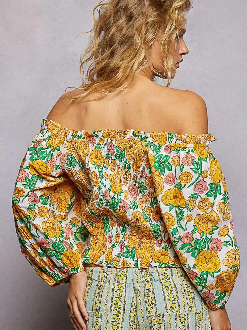 POL Honey Blossom Floral Print Off-Shoulder Smocked Blouse-Women's Shirts & Tops-Shop Z & Joxa