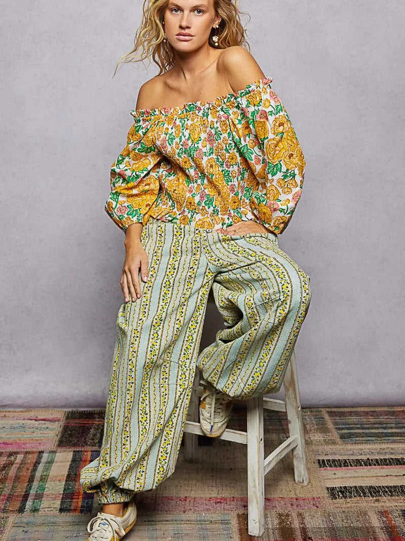 POL Honey Blossom Floral Print Off-Shoulder Smocked Blouse-Women's Shirts & Tops-Shop Z & Joxa