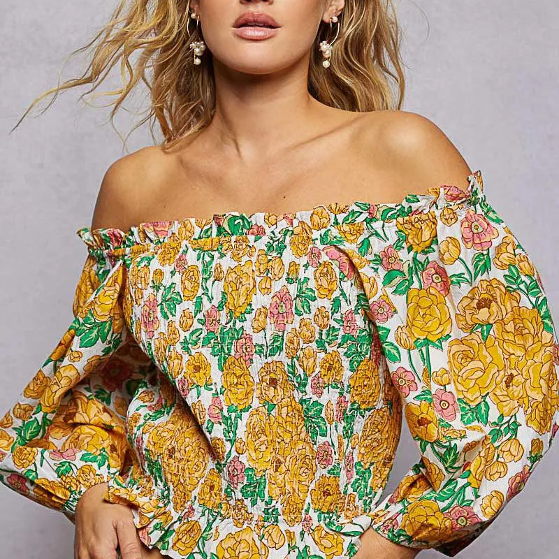 POL Honey Blossom Floral Print Off-Shoulder Smocked Blouse-Women's Shirts & Tops-Shop Z & Joxa