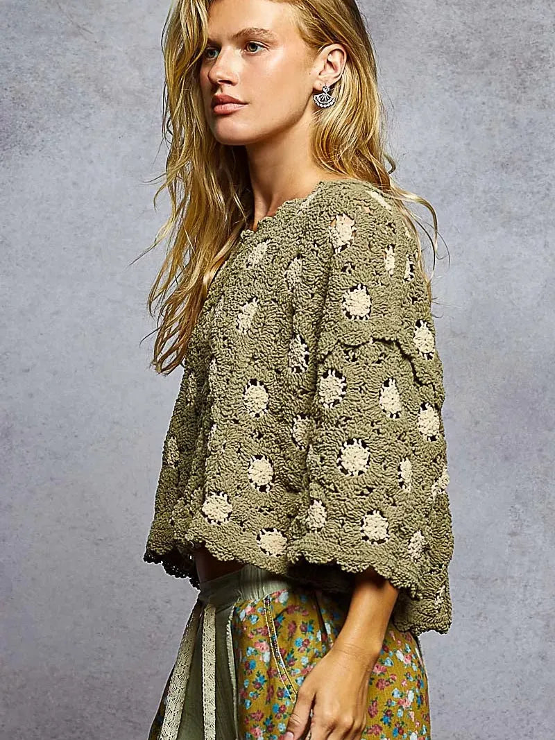 POL Hooked on Olive Crochet Wide Sleeve Cropped Knit Top-Women's Shirts & Tops-Shop Z & Joxa