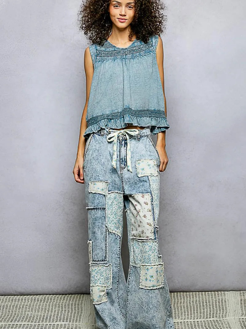 POL Indigo Whisper Ruffled Sleeveless Blouse with Open Back-Women's Shirts & Tops-Shop Z & Joxa