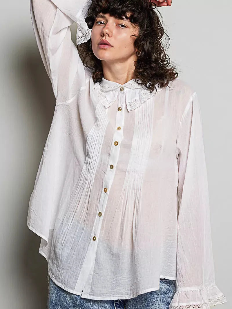 POL Ivory Grace Lace Trim Pintuck Button-Down Blouse-Women's Shirts & Tops-Shop Z & Joxa