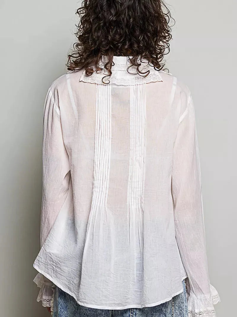 POL Ivory Grace Lace Trim Pintuck Button-Down Blouse-Women's Shirts & Tops-Shop Z & Joxa