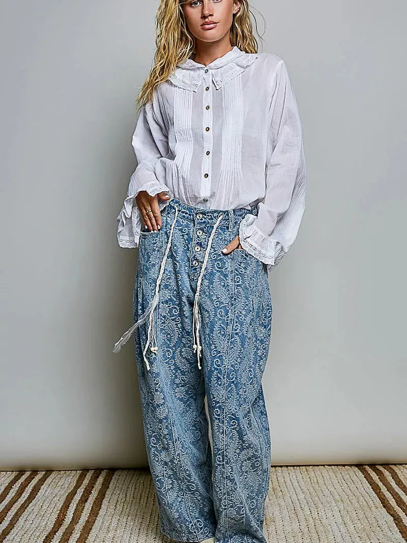 POL Ivory Grace Lace Trim Pintuck Button-Down Blouse-Women's Shirts & Tops-Shop Z & Joxa