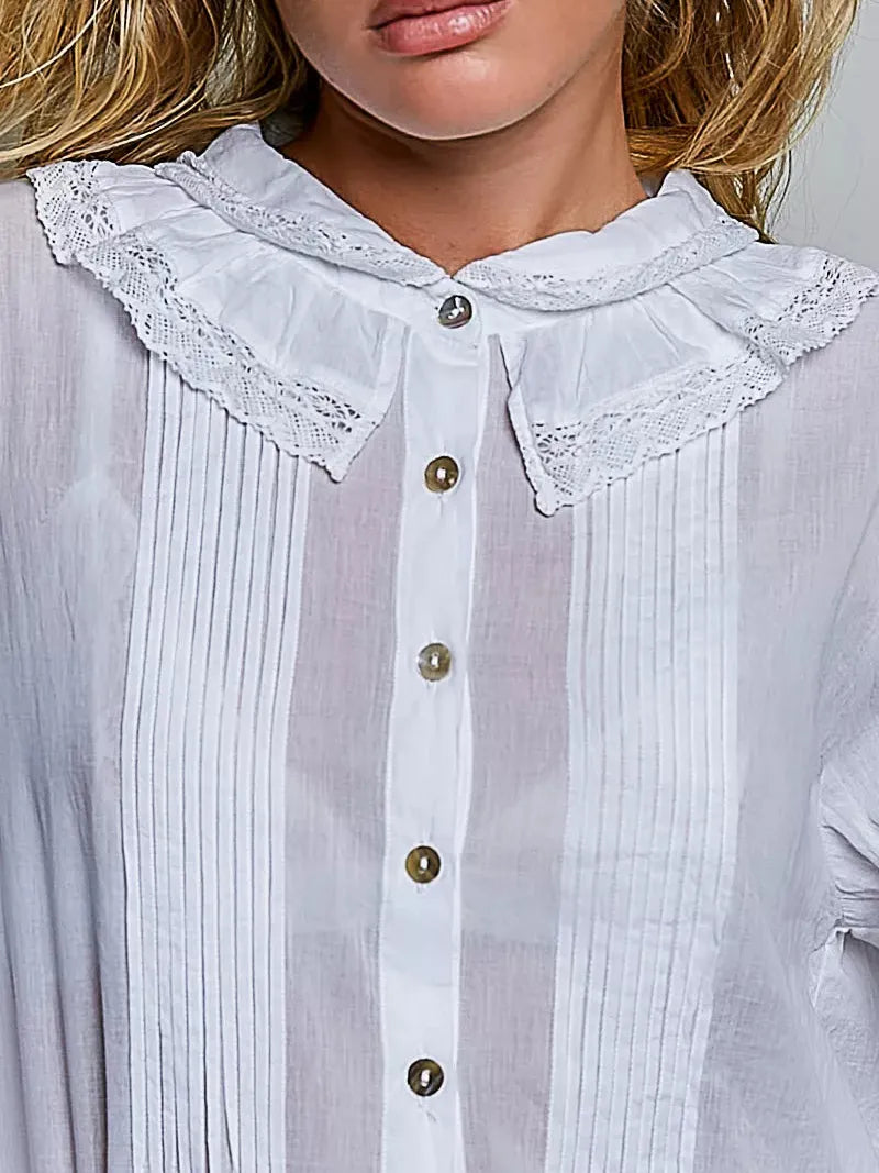 POL Ivory Grace Lace Trim Pintuck Button-Down Blouse-Women's Shirts & Tops-Shop Z & Joxa