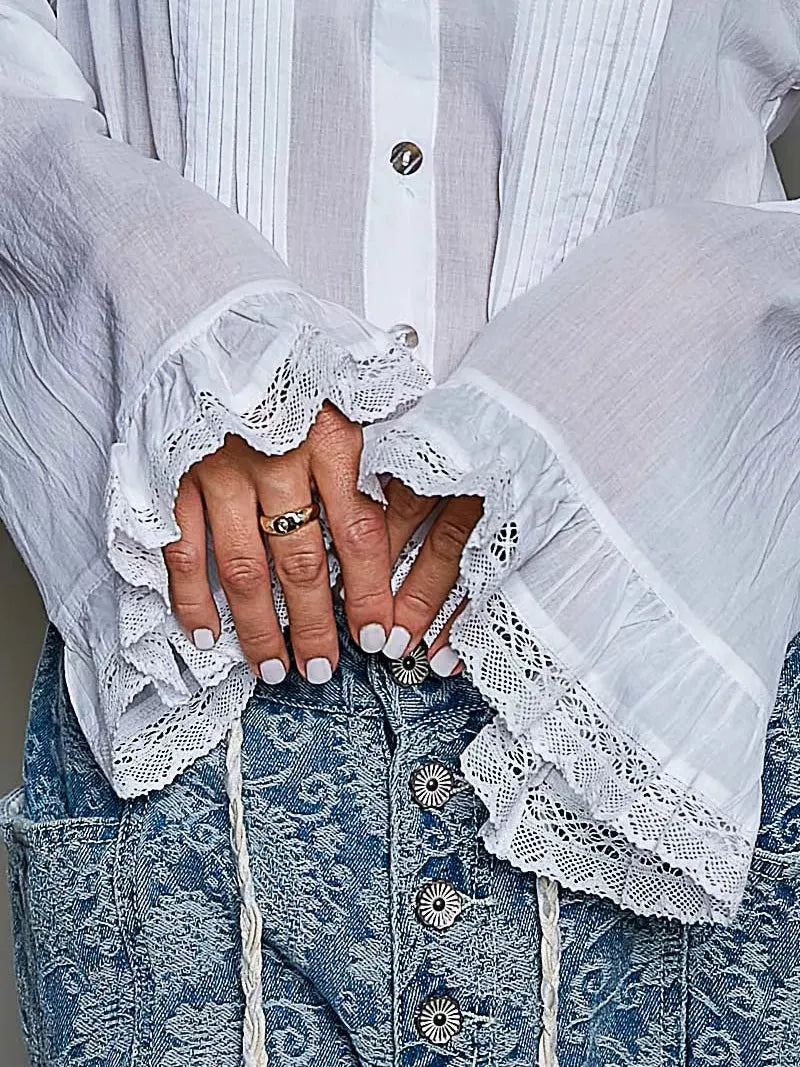 POL Ivory Grace Lace Trim Pintuck Button-Down Blouse-Women's Shirts & Tops-Shop Z & Joxa