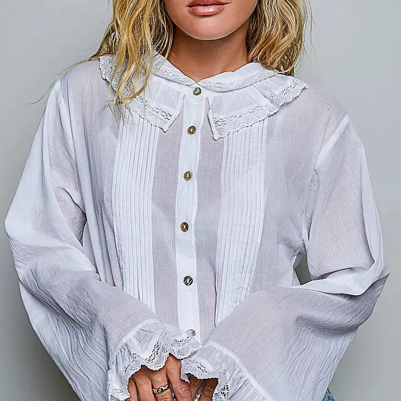 POL Ivory Grace Lace Trim Pintuck Button-Down Blouse-Women's Shirts & Tops-Shop Z & Joxa