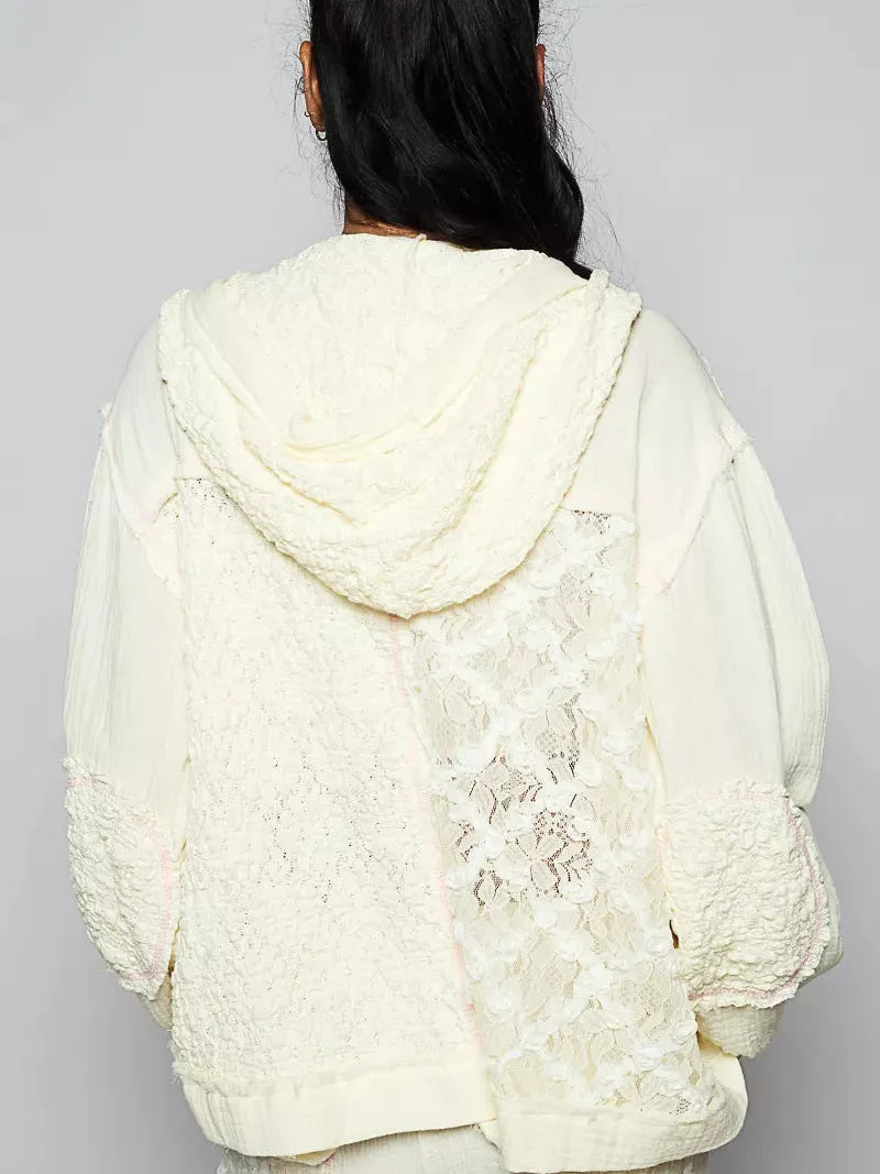POL Ivory Lace Exposed Seam Lace Detail Hooded Jacket-Women's Outerwear-Shop Z & Joxa