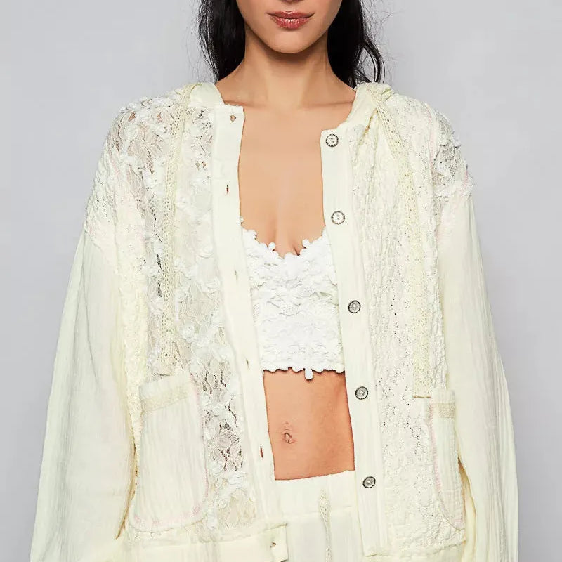 POL Ivory Lace Exposed Seam Lace Detail Hooded Jacket-Women's Outerwear-Shop Z & Joxa