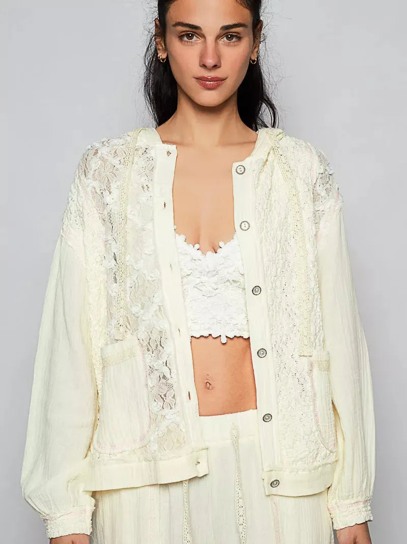 POL Ivory Lace Exposed Seam Lace Detail Hooded Jacket-Women's Outerwear-Shop Z & Joxa