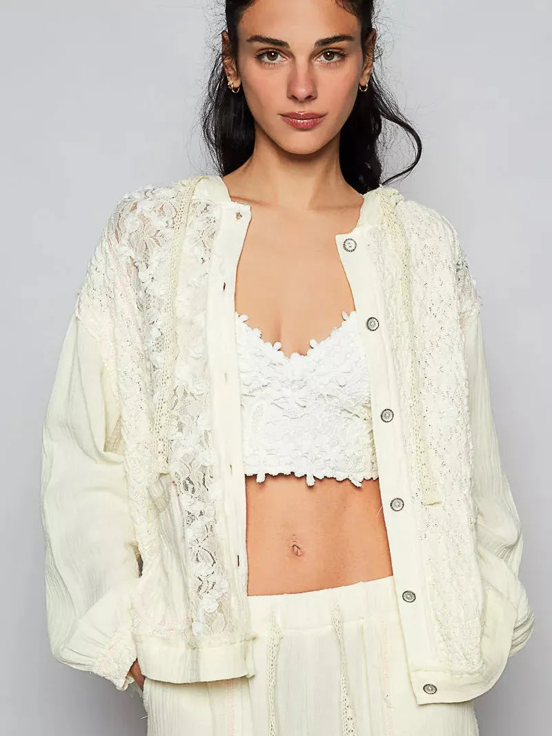 POL Ivory Lace Exposed Seam Lace Detail Hooded Jacket-Women's Outerwear-Shop Z & Joxa