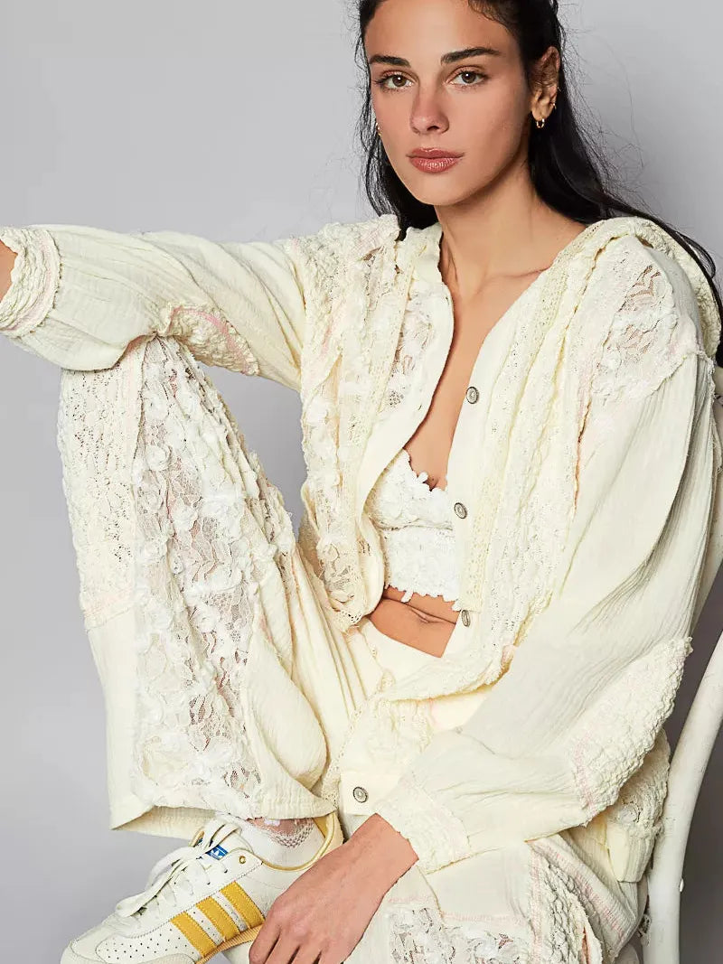 POL Ivory Lace Exposed Seam Lace Detail Hooded Jacket-Women's Outerwear-Shop Z & Joxa