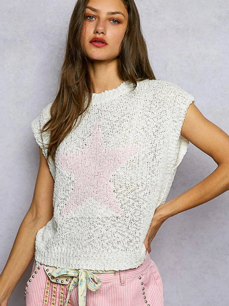 POL Ivory Soft Round Neck Popcorn Knit Top with Star Motif-Women's Shirts & Tops-Shop Z & Joxa