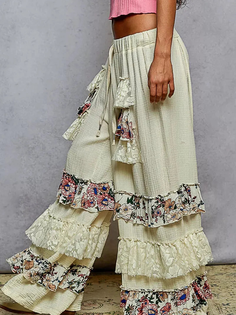 POL Lace Leisure Floral Gauze Wide Leg Pants with Lace Ruffle-Women's Pants-Shop Z & Joxa