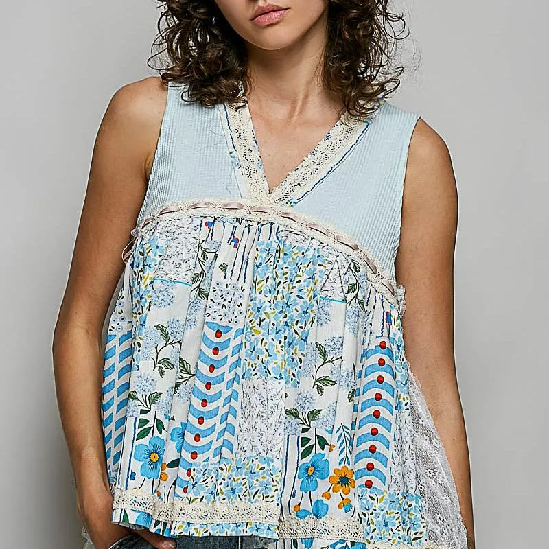 POL Lace to Meet You Floral V-Neck Sheer Tank with Lace Trim-Women's Shirts & Tops-Shop Z & Joxa