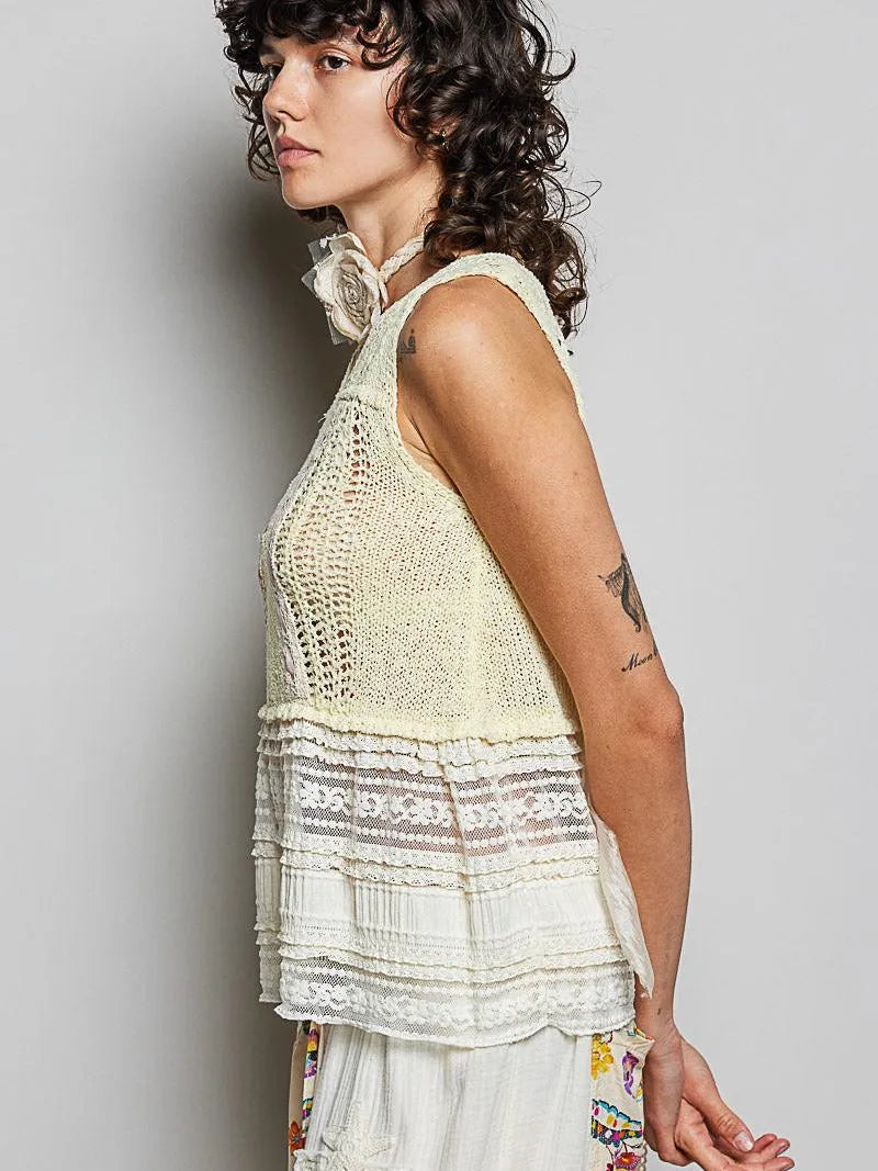 POL Lemon Lace Sleeveless Crochet Sweater with Lace Trim-Women's Shirts & Tops-Shop Z & Joxa