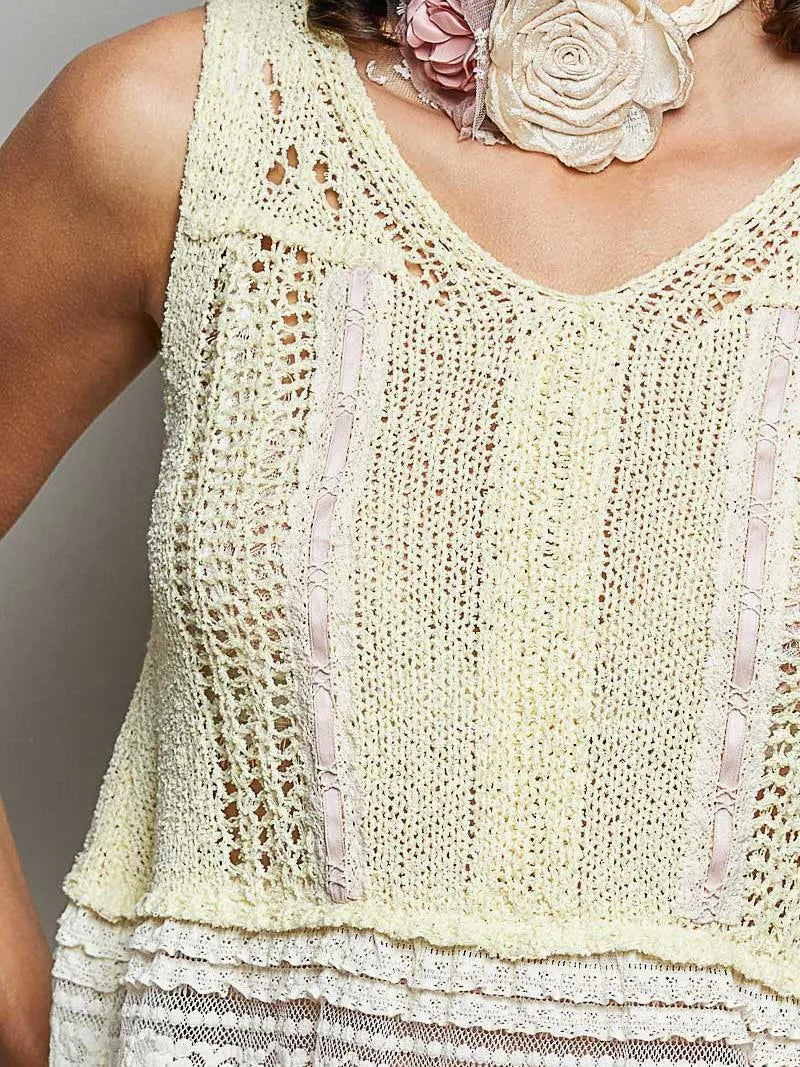 POL Lemon Lace Sleeveless Crochet Sweater with Lace Trim-Women's Shirts & Tops-Shop Z & Joxa