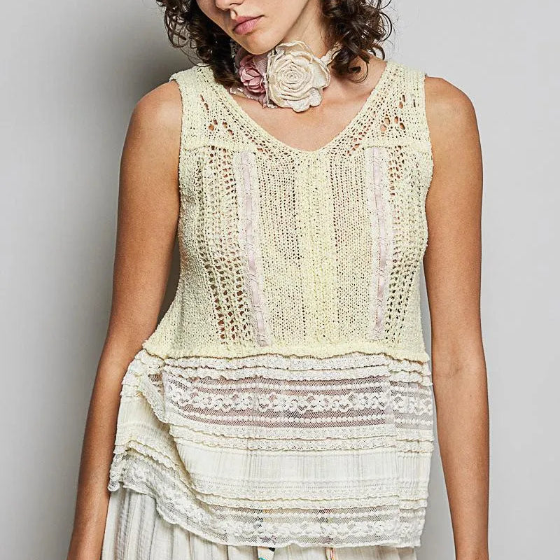 POL Lemon Lace Sleeveless Crochet Sweater with Lace Trim-Women's Shirts & Tops-Shop Z & Joxa
